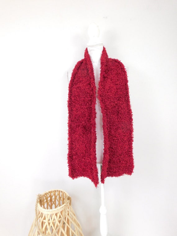 Vintage 80s Dark Red Shaggy Fuzzy Thick Textured … - image 1