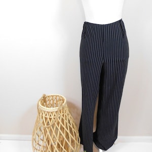 Vintage 90s Black White Pin Vertical Striped Print Mid Waist Stretch Pants Straight Leg Trousers Slacks Sz 20/2X Plus Size