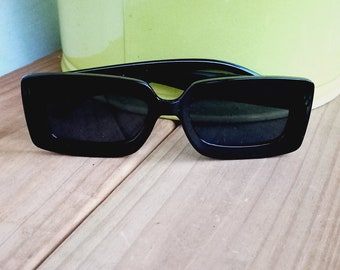 Vintage Black Tinted Rectangle Square Shaped Frame Fashion Plastic Minimal Grunge Sunglasses Glasses Eyewear Shades