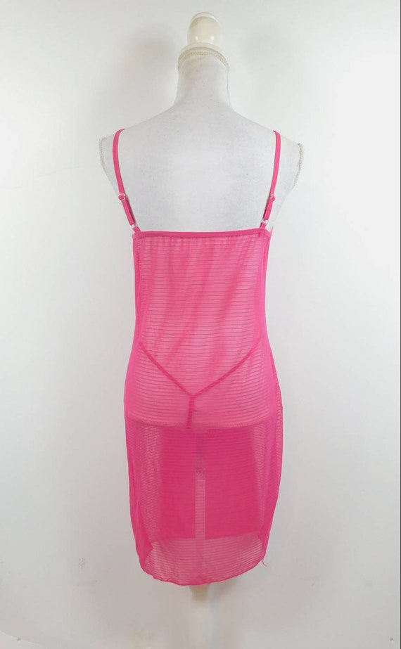 Vintage 90s Hot Pink Striped Print Sheer Lace Cot… - image 2