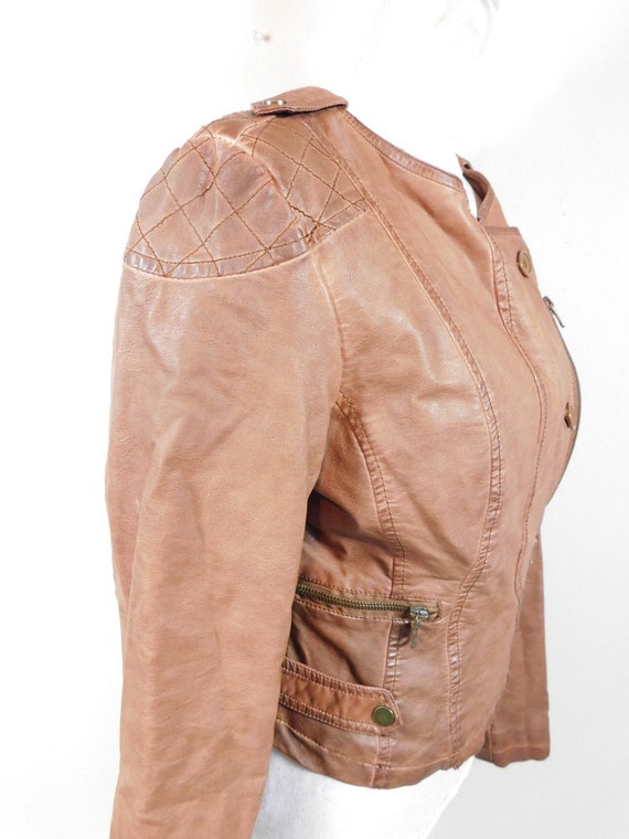 Vintage 00s Camel Tan Brown Faux Leather Button A… - image 4