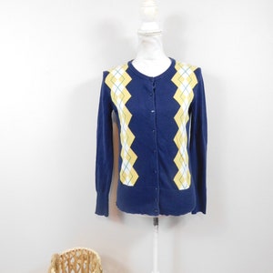 Vintage 00s Gap Diamond Argyle Print Navy Blue Yellow Ribbed Button Down Cotton Preppy Long Sleeve Sweater Cardigan Jacket Sz X0