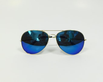 Vintage Blue Gold Aviator Mirrored Pilot Fashion Oversized Sunglasses Shades Metal Frame Retro Lens Glasses Eyewear