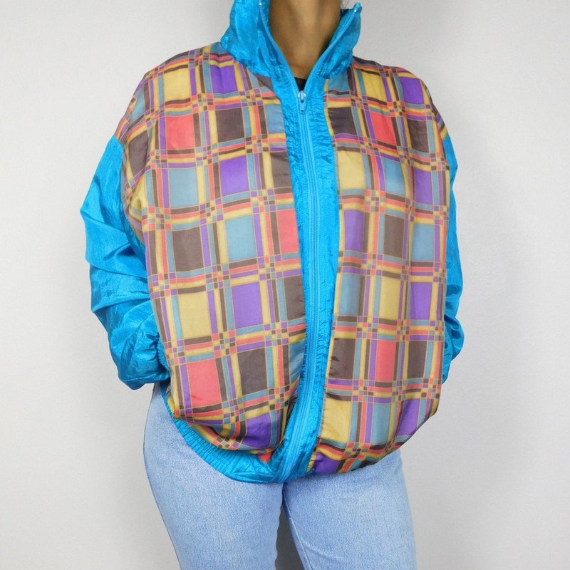 60’s Reversible Multicolor Geometric Print and Solid Zip Up Jacket by Weather Wise main image 0