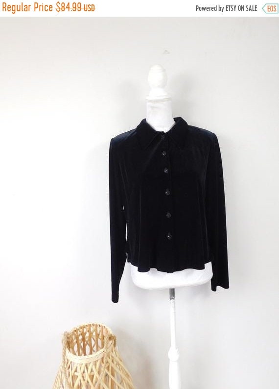 BLACK VELVET top beautiful tapestry style black velvet button up blouse shirt jacket cutest collar long sleeves 90s goth western shirt