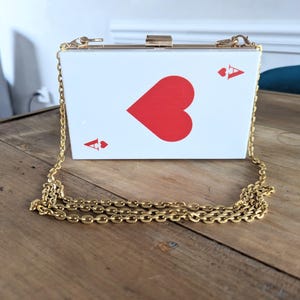 Vintage 00s Branco Vermelho Ás de Copas Cartas de Baralho Acrílico Poker 3D Caixa Fecho Corrente Dourada Bolsa de Ombro Bolsa Acessório de Moda