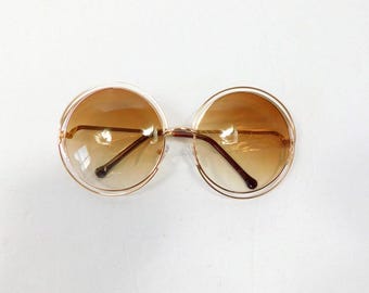 Vintage 00s Dark Brown Gold Metal Double Wired Frame Tinted Big Round Circle Oversized Spectacle Hippie Sunglasses Glasses Sunnies