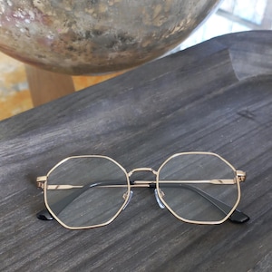 Vintage 00s Clear Gold Octagon Square Shaped Oversized Spectacle Transparent Metal Frame Fashion Classic Sunglasses Lens Glasses