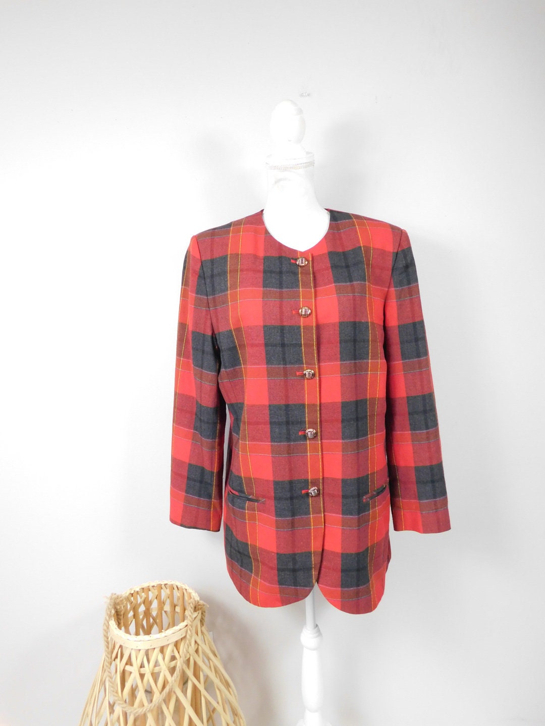 Veste Blazer Tartan Vintage Rouge Années 90 - Occasion Très Bon état, Style Rétro Désemparé