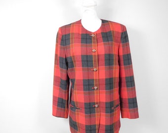 Vintage 90s Kate Mcnaughton Red Black Tartan Plaid Checkered Print Gold Button Down Long Sleeve Blazer Jacket Coat Sz 14 Large