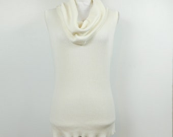 Vintage 80s Dressbarn Ivory White Ribbed Knitted Solid Stretch Minimal Sleeveless Sweater Cowl Turtleneck Tank Top Shirt Sz Large