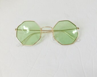 Vintage Oversized Sunglasses Octagon Green Glass Lenses Gold Color Frame Japan Vintage Oversized Sunglasses Octagon Green Glass Lenses Gold  main image 3
