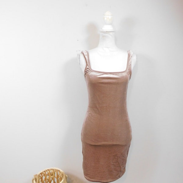 Vintage 00s Brown Velvet Square Neck Stretch Bodycon Evening Cocktail Tank Top Mini Length Short Dress Sz Small/Medium/Large