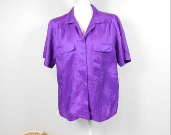Vintage 80s Laura and Jayne Royal Purple Silky Button Down Pocket Collared Minimal Short Sleeve Blouse Shirt Top Oxford Sz 14 Large