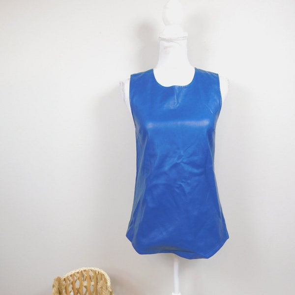 Vintage 00s Royal Blue Faux Leather Pu Gold Back Metal Zipper Flare Crewneck Lined Sleeveless Tank Top Shirt Blouse Sz Small