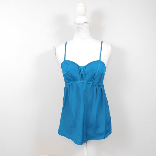 Vintage 90s Teal Blue Striped Textured Polyester Sweetheart Cut Minimal Sleeveless A Line Blouse Tank Top Camisole Shirt Sz XS