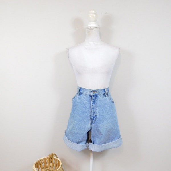 Vintage 90er Jahre Route 66 Light Wash Blau High Rise Jeans Denim Rolled Manschetten Relaxed Fit Baumwolle Minimal Shorts Sz 16/XL Plus Size