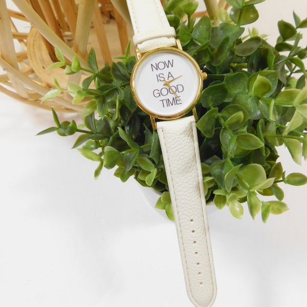 Unisex Vintage Now Is A Good Time Quote White Black Gold Faux Leather Band Quartz Watch Jewelry Fashion Accessory Gift