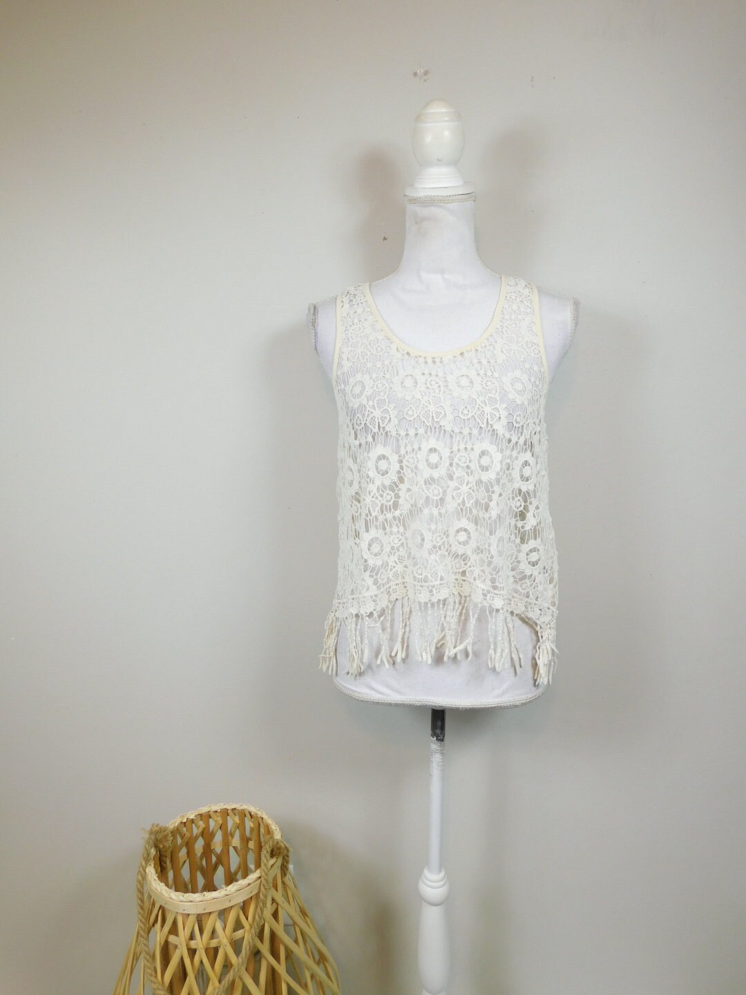 Vintage 90s Black Cream Authentic Tyrolean Tunic Top Cottagecore Crochet S 8 10