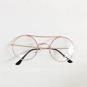 Vintage 00s Clear Gold Round Double Bridge Wire Spectacle Transparent Metal Frame Fashion Lens Costume Sunglasses Glasses Sunnies