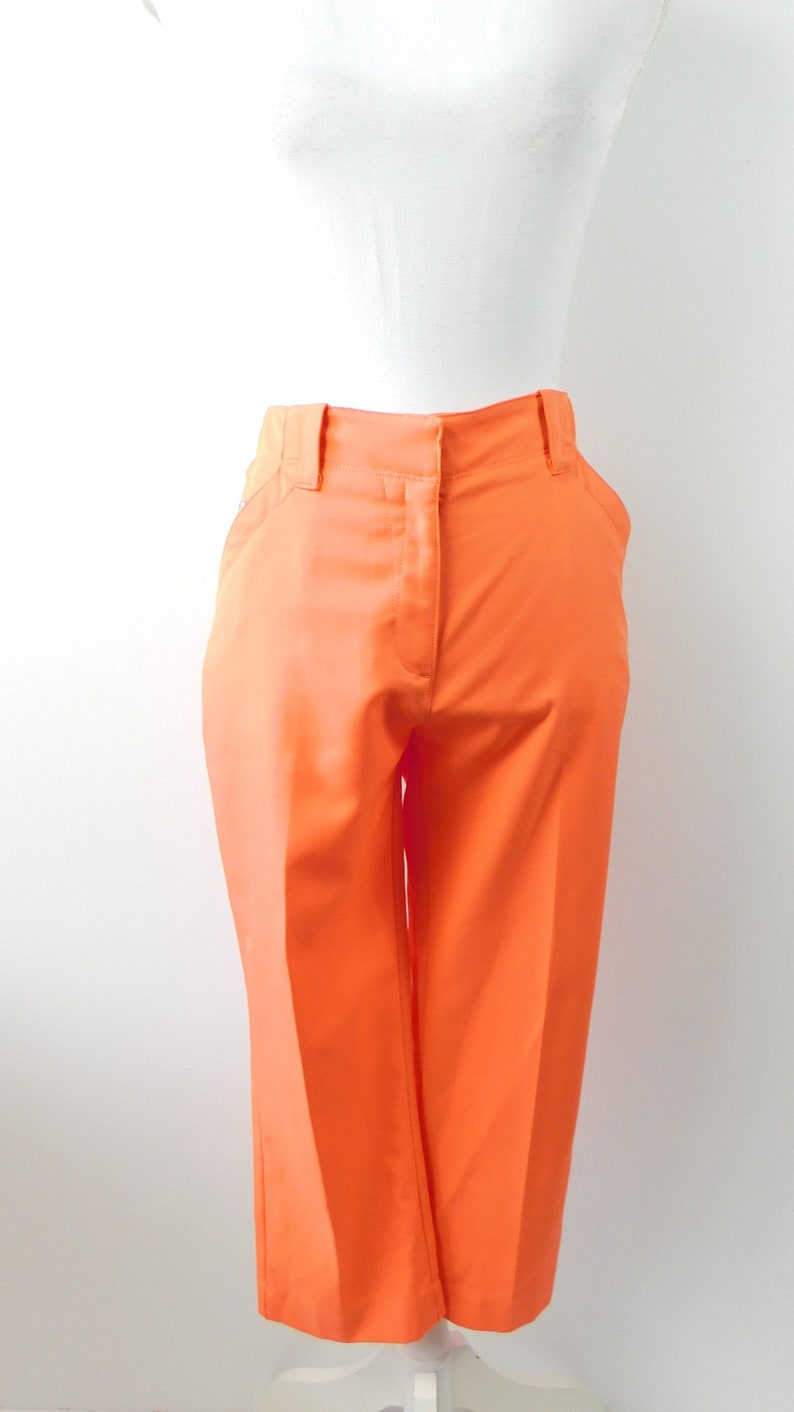 50/% SUMMER SALE Vintage 90s Bright Orange Creased Solid Minimal Classic Polyester Modest High Waist Pants Slacks Trousers Sz 8 Medium