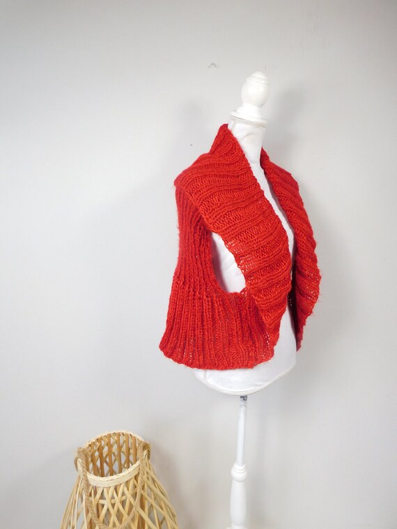 Vintage 90s Bright Red Crocheted Knitted Ribbed S… - image 3