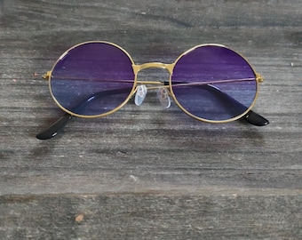 Vintage 00s Purple Blue Ombre Round Shaped Gold Metal Frame Oversized Transparent Fashion Plastic Sunglasses Lens Glasses Eyewear