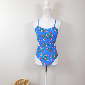 Vintage 00s Blue Red Watermelon Fruit Leaf Print Cut Out Sides Novelty Lined One Piece Tank Top Swimsuit Swim Bathing Suit Sz XS