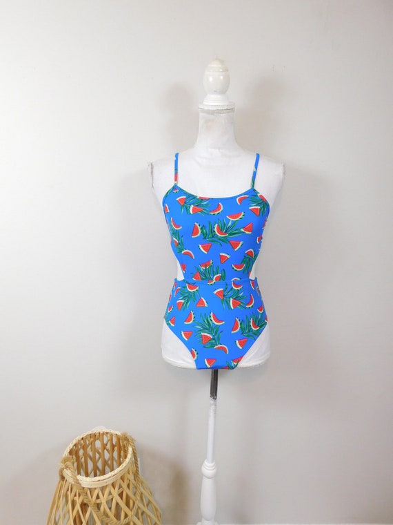 Vintage 00s Blue Red Watermelon Fruit Leaf Print C