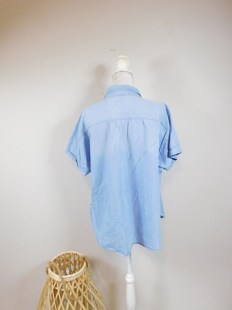 50/% OFF SPRING SALE Vintage 90s Light Blue Wash Denim Jean White Button Down Short Sleeve Collared Oxford Shirt Top Blouse Sz Xl Plus Size