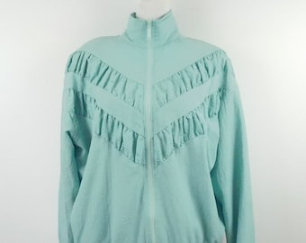 Vintage 90er Jahre Teddi hellblauer Blumen-Blumen-Print Chevron bestickter Reißverschluss Langarm-Sweatjacke Mantel Sz 16 / XL Plus Size