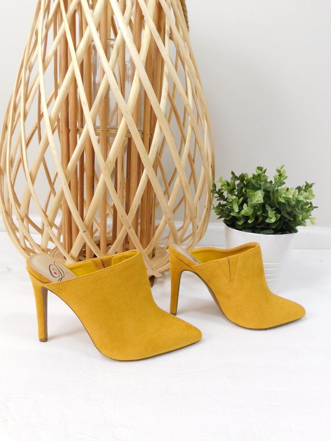 Vintage 00s Mustard Yellow Faux Suede Mules Slip on Pointed Toe