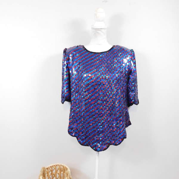 Vintage 80s Blue Red Sequin Beaded Geometric Print Silk Scalloped Asymmetrical Hem Shiny Short Sleeve Blouse Top Shirt Sz Large