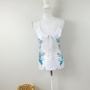 Vintage 00s White Dark Green Fern Leaf Plant Print Cut Out Open Tank Top One Piece Monokini Swim Bathing Suit Swimwear Sz Medium