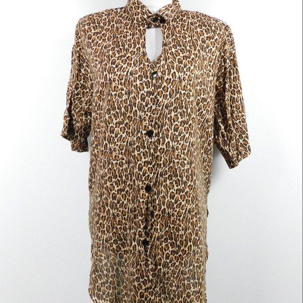 Vintage 80s Robert Too! Leopard Cheetah Print Black Brown Button Up Open Collared Blouse Short Sleeve Top Shirt 16/XL Plus Size