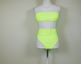 Vintage 00s Neon Green Belted High Waist French Cut 2 Pc Bandeau Minimal Bikini Bathing Suit Swimwear Sz Small/Medium/Large