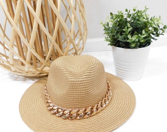 Vintage 00s Light Tan Brown Gold Shiny Chain Straw Basket Weave Large Sun Garden Minimal Hat Cap Round Fashion Accessory Sz 24"