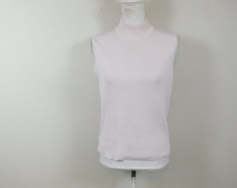 Vintage 80s City Silk Blend Light Pink Ribbed Stretch Mock Turtleneck Minimal Sleeveless Tank Top Sweater Blouse Sz Medium