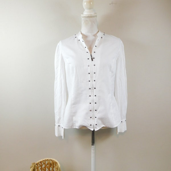 Vintage Jones New York Signature White Silver Studded Trim Zipper Cotton Mandarin Collar Long Sleeve Shirt Top Blouse  Large
