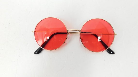 Vintage Red Tinted Gold Big Round Spectacle Sungl… - image 1