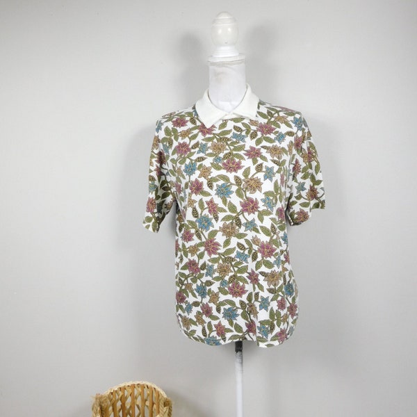 Vintage 80s Separate Issue Ivory White Multicolored Floral Flower Vine Print Polo Collared Blouse Top Shirt Sz 16/XL Plus Size