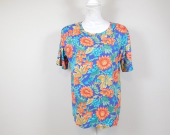 Vintage 90s Jacyln Sport Royal Blue Colorful Floral Flower Print Faded Crewneck Short Sleeve Shirt Top Tee Blouse Sz Large