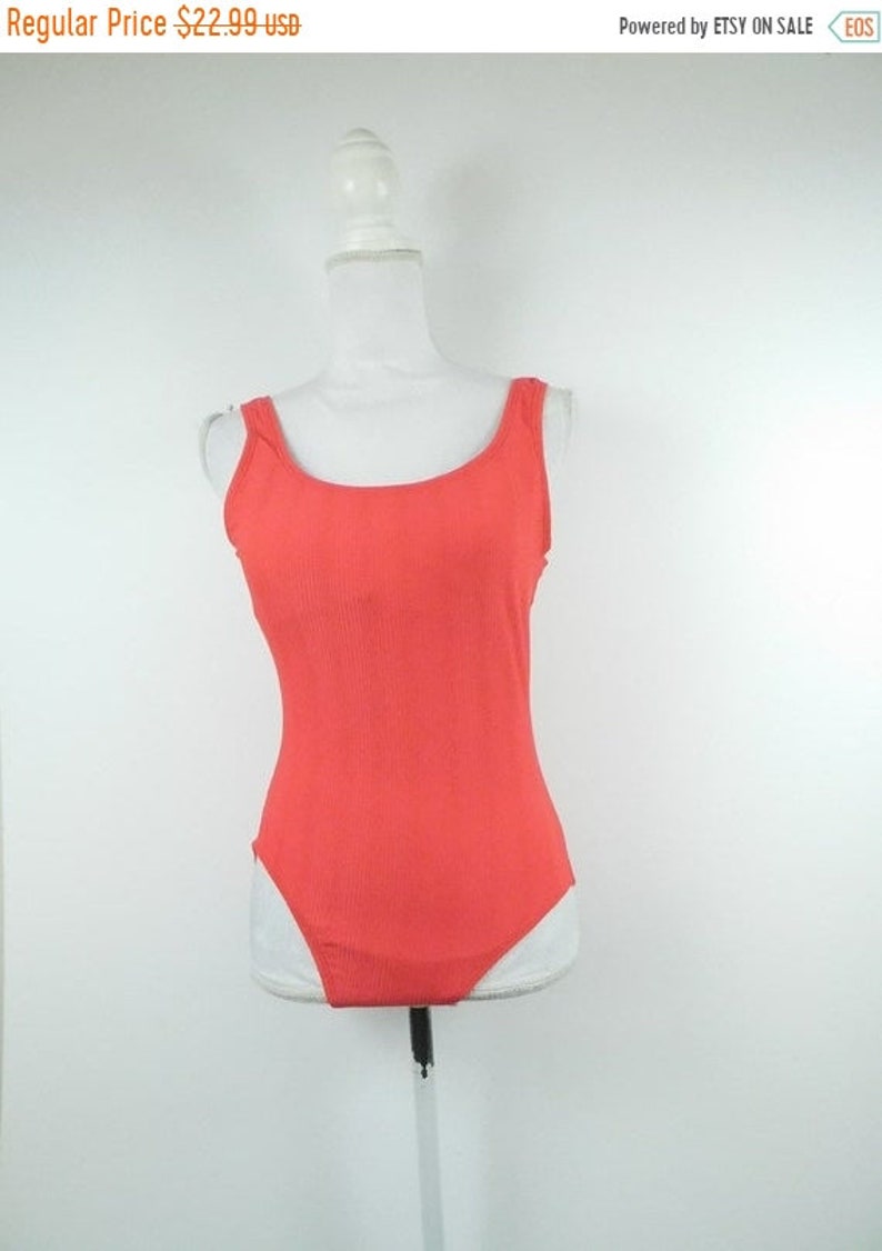 60/% BIG XMAS SALE Vintage 80s 70s Coral Pink Retro Ribbed Swimsuit Open Back Tank Top Minimal One Piece Bathing Suit Swimwear Sz Medium