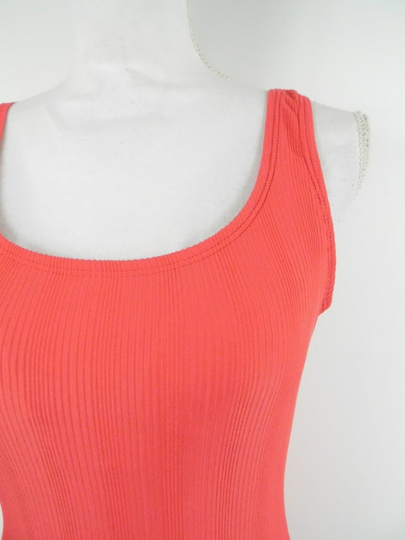 60/% BIG XMAS SALE Vintage 80s 70s Coral Pink Retro Ribbed Swimsuit Open Back Tank Top Minimal One Piece Bathing Suit Swimwear Sz Medium