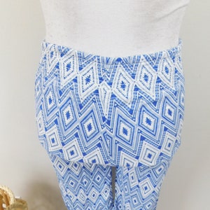 Vintage 90s White Royal Blue Tribal Chevron Aztec Print Wide Leg Stretch High Elastic Waisted Viscose Pants Bell Bottoms Sz XS image 3