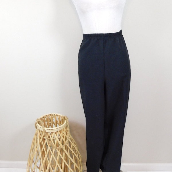 Vintage 80s Nikki Black Polyester High Elastic Waist Straight Leg Pleated Front Pants Trousers Slacks Sz 22/3X Plus Size Petite