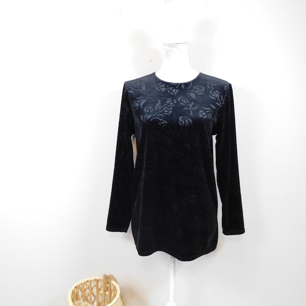Vintage 90s Liz Claiborne Black Faux Velvet Floral Antique Print Polyester Crewneck Long Sleeve Shirt Top Blouse Sz Medium