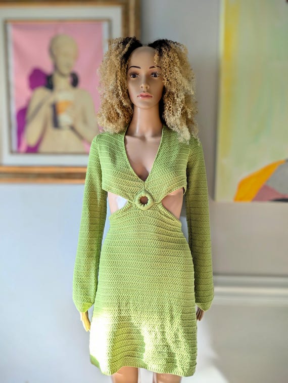 lime green knit dress Vintage 00s Lime Green Crocheted Knitted Side Cut Out Striped Ribbed Open  Ring Sheath Long Sleeve Knee Length Dress Sz Large