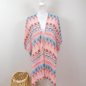 Vintage 00s Neon Pink Blue Abstract Print Sheer Chiffon Short Sleeve Lightweight Swim Open Coverup Jacket Kimono Sz Medium