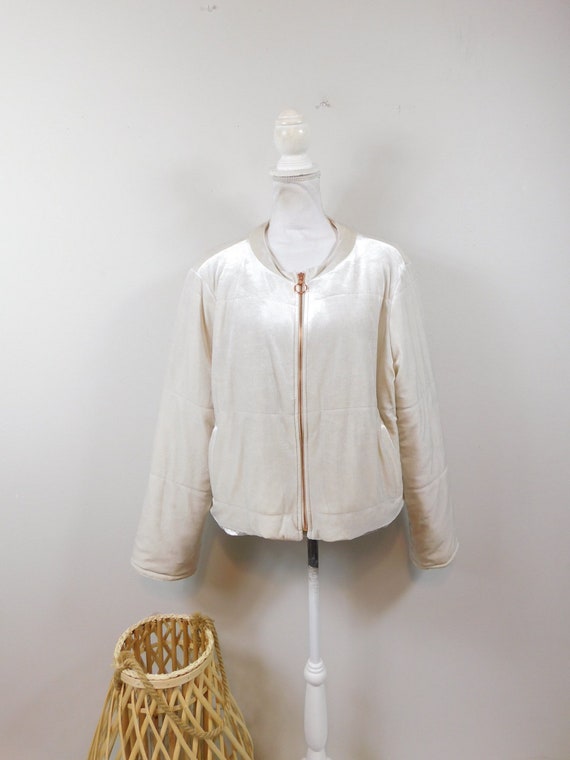 Vintage 90s Cream Beige Soft Velvet Rose Gold Zip… - image 1